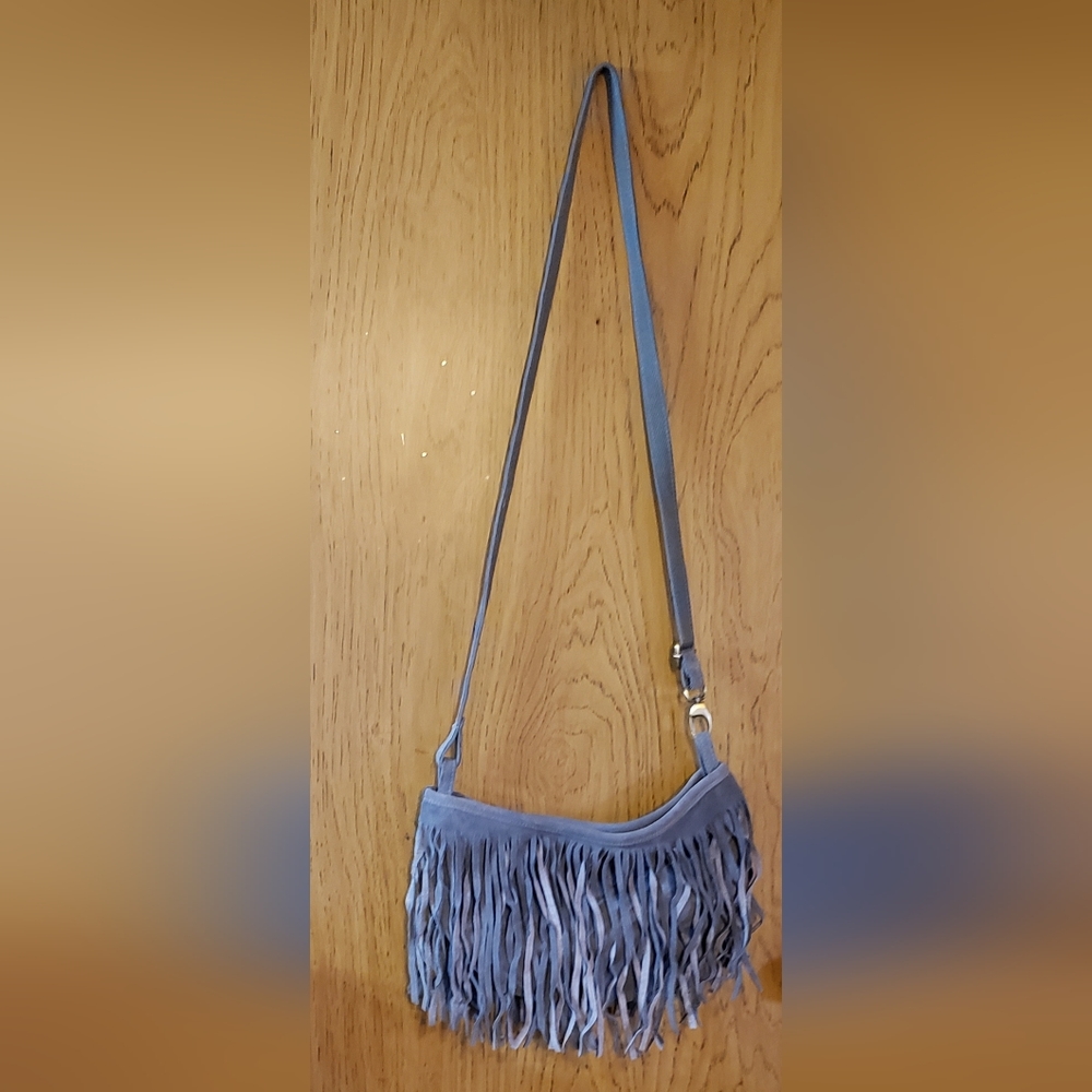 Suede blue / gray fringe purse
